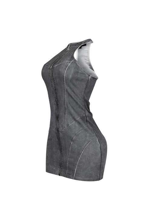 Denim Washed Halter Zip Up Mini Dress